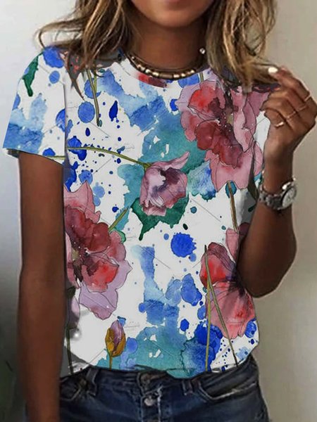 Crew Neck Casual Loosen Short Sleeve T-Shirt, Blue, T-Shirts