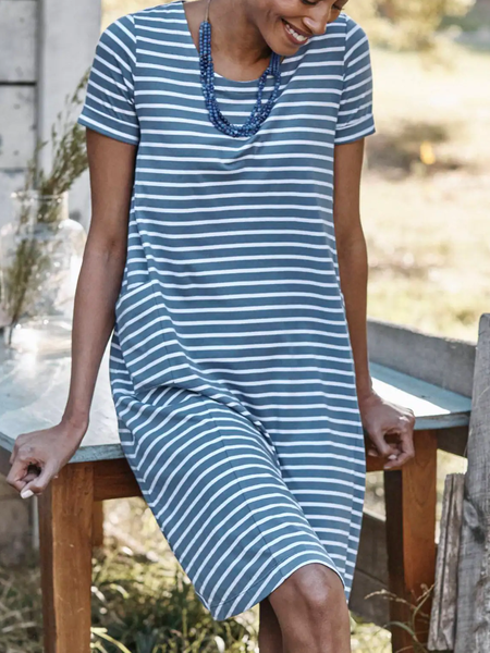 Crew Neck Casual Cotton Blends Short Sleeve Knit Dress, Blue, Mini Dresses