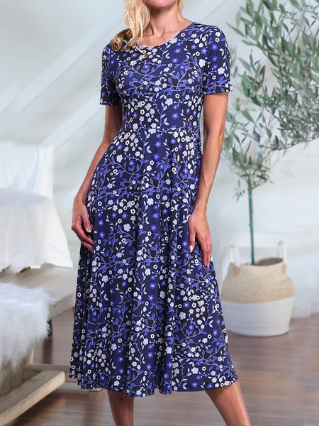 Vacation Casual Round Neck Short Sleeve Floral Printed Midi Dresses, Navy blue, Dresses
Vacation Casual Round Neck Short Sleeve Floral Printed Midi Dresses, Navy blue, Dresses