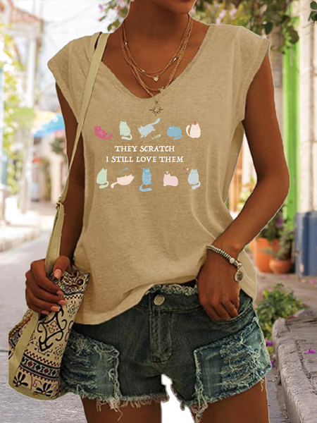 Cat Lover Casual Cotton Blends Knit Tank, Yellow brown, Tank Tops