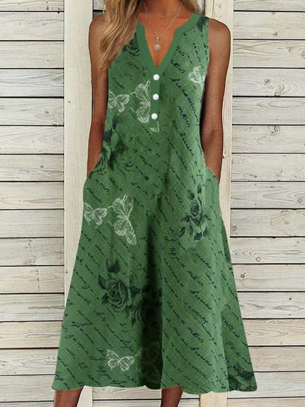 Floral Loosen Casual Short Sleeve Women Dress, Green, Midi Dresses
