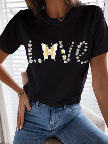 Loosen Letter Short Sleeve T-Shirt, Black, T-Shirts