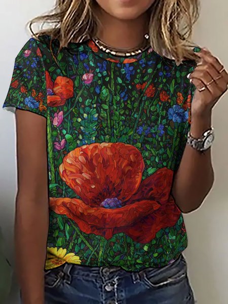 Casual Abstract Floral Print Crew Neck Short Sleeve T-Shirt, Deep green, T-shirts
Casual Abstract Floral Print Crew Neck Short Sleeve T-Shirt, Deep green, T-shirts