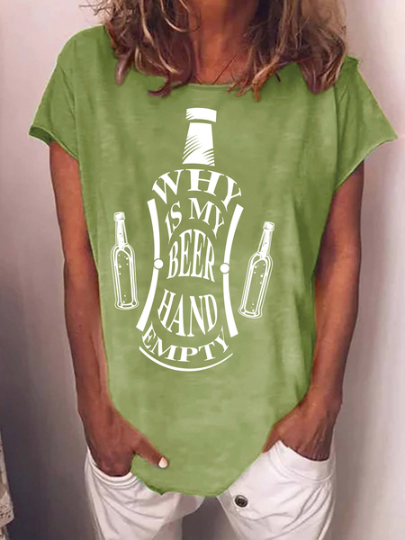Beer Lover Beer HandLetter Crew Neck Simple Short Sleeve Tops, Green, T-shirts