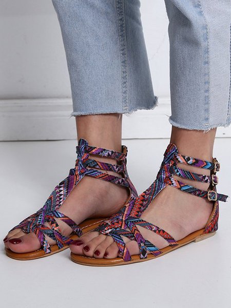 JFN Bohemian Ethnic Print Straps Resort Sandals, Purple, Sandals
