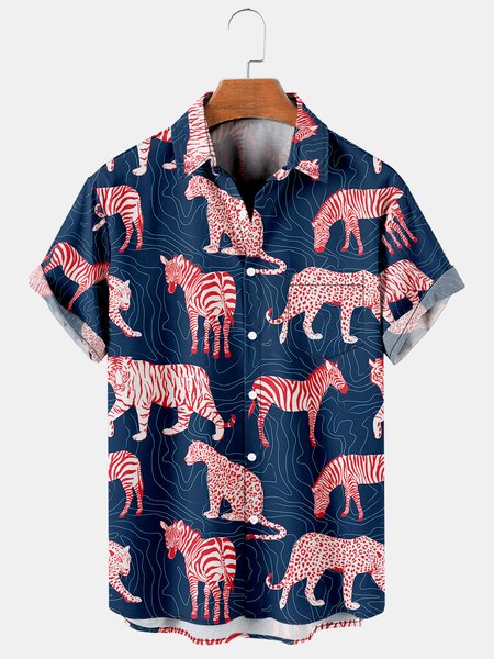 Men's Hawaiian Animal Print Lapel Loose Chest Pocket Short Sleeve Fashion Aloha Shirt, Black, Men's Floral shirt