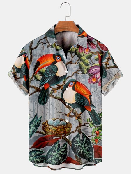 Mens Parrots Print Lapel Loose Chest Pocket Short Sleeve Funky Hawaiian Shirts, Gray, Men's Floral shirt
Mens Parrots Print Lapel Loose Chest Pocket Short Sleeve Funky Hawaiian Shirts, Gray, Men's Floral shirt