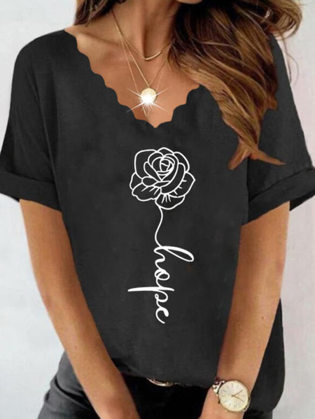 Floral Print Letter V-Neck Short Sleeves T-shirts, Black, Tees & T-shirts 
Floral Print Letter V-Neck Short Sleeves T-shirts, Black, Tees & T-shirts