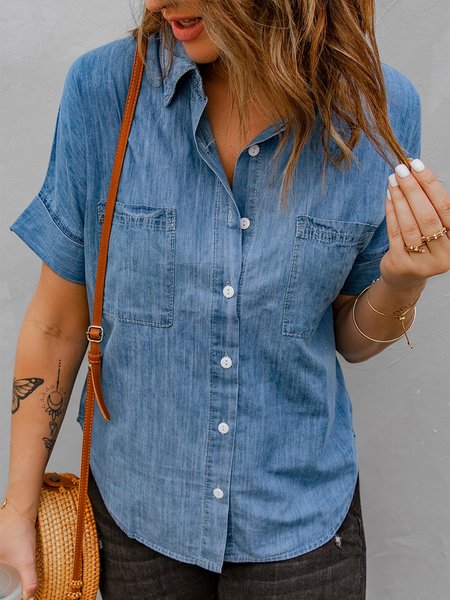 Casual Denim Buttoned Short Sleeve Tops, Blue, Shirts & Blouses
