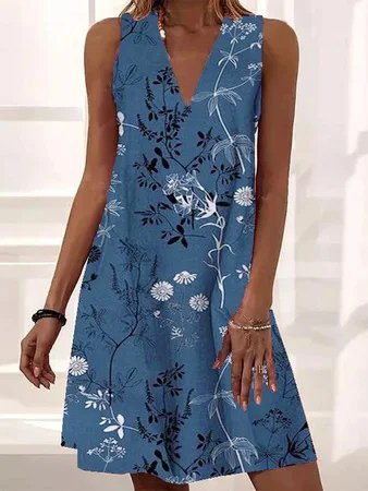 V Neck Floral Loosen Sleeveless Woven Dresses, Blue, Dresses