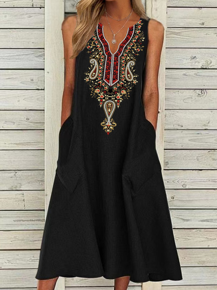 Tribal Loosen Boho Sleeveless Woven Dresses, Black, Dresses