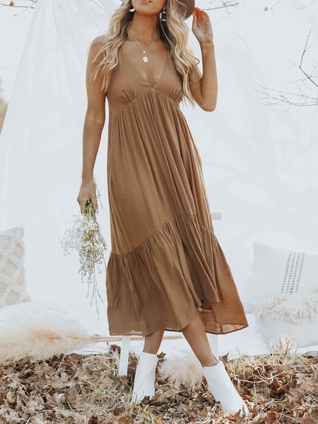 Boho Solid Casual Sleeveless Woven Dresses, Brown, Midi Dresses