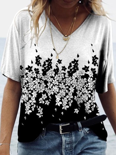 Floral Color Block V Neck Casual Short Sleeve Loosen T-Shirt, Black-white, T-Shirts
Floral Color Block V Neck Casual Short Sleeve Loosen T-Shirt, Black-white, T-Shirts