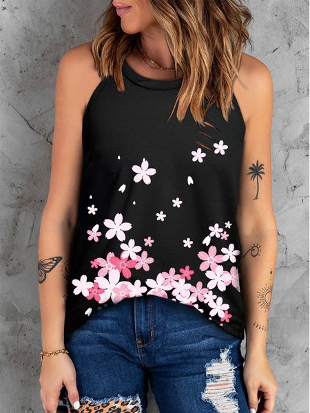 Casual Halter Floral Regular Fit Knit Tank, Black, Tanks & Camis