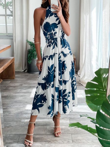 Halter Vacation Sleeveless Floral printed Dress, Blue, Maxi Dresses