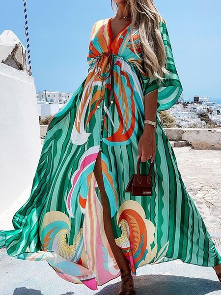 Vacation Tropical Deep V Short Sleeve Woven Dress, Green, Maxi Dresses