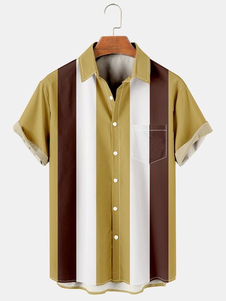 Mens Retro Classic Striped Print Lapel Chest Pocket Short Sleeve Bowling Shirts, Yellow, Men's Floral shirt