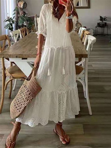 V Neck Plain Vacation Short Sleeve Woven Dress, White, Summer Dresses