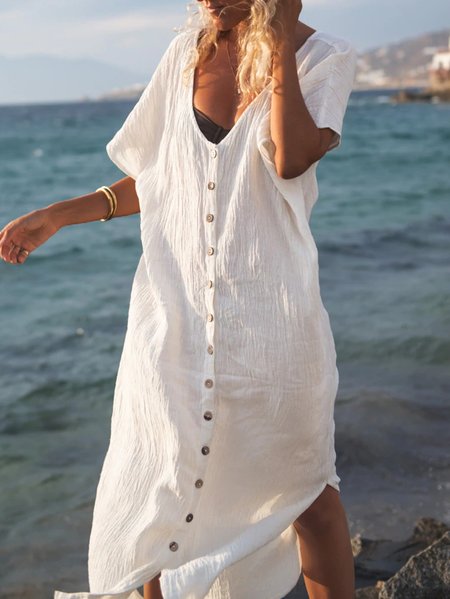 Casual Buttoned Plain Short Sleeve Woven Dress, White, Dresses