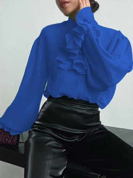 

Stylewe Shirt Collar Elegant Flouncing Top, Blue, Blouses and Shirts