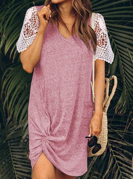 Loosen Casual Short Sleeve Knit Dress, Pink, Dresses