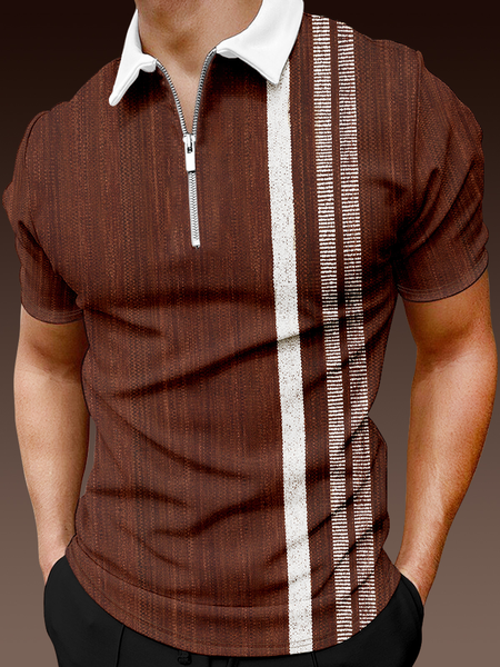Casual Art Collection Geometric Striped Lapel Short Sleeve Polo Print Top, Brown, Men's t-shirts