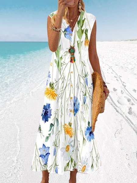 Loosen Vacation Sleeveless Woven Dresses, Blue, Midi Dresses