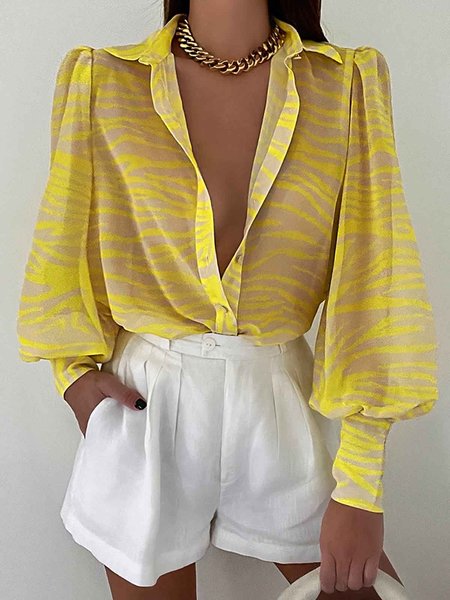 Simple Shirt Collar Long Sleeve Blouse, Yellow, Blouses and Shirts