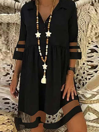 Casual Shirt Collar Short Sleeve Woven Dress, Black, Dresses