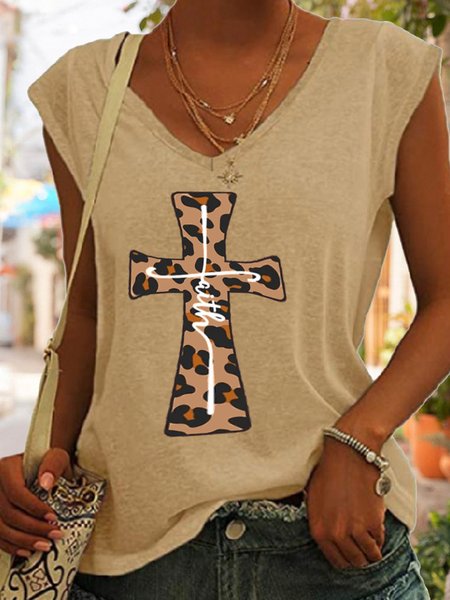 Leopard Cross Faith Christian Casual V Neck Knit Tank, Khaki, Tank Tops