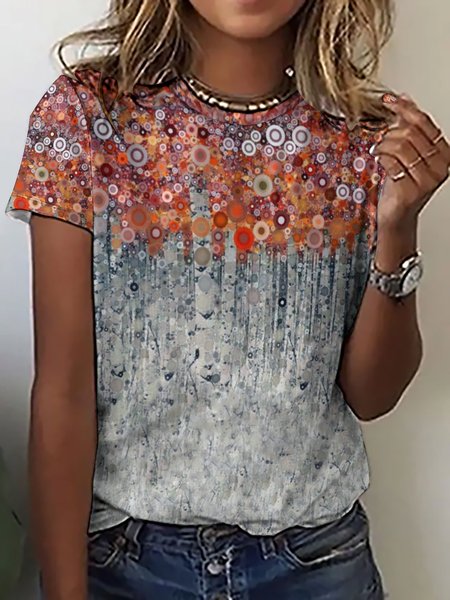 Casual Abstract Printed Crew Neck T-Shirt, As picture, T-shirts
