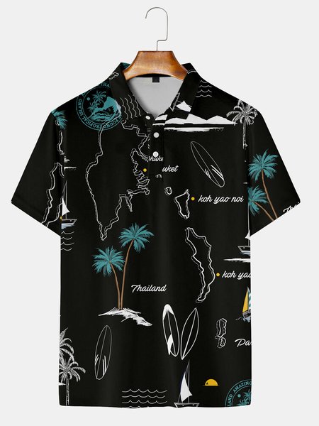 Resort Style Hawaiian Series Geometric Plant Coconut Tree Element Pattern Lapel Short-Sleeved Polo Print Top, Black, Men's t-shirts
Resort Style Hawaiian Series Geometric Plant Coconut Tree Element Pattern Lapel Short-Sleeved Polo Print Top, Black, Men's t-shirts