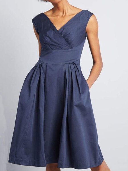 V Neck Simple Short Sleeve Woven Dress, Dark blue, Midi Dresses 
V Neck Simple Short Sleeve Woven Dress, Dark blue, Midi Dresses