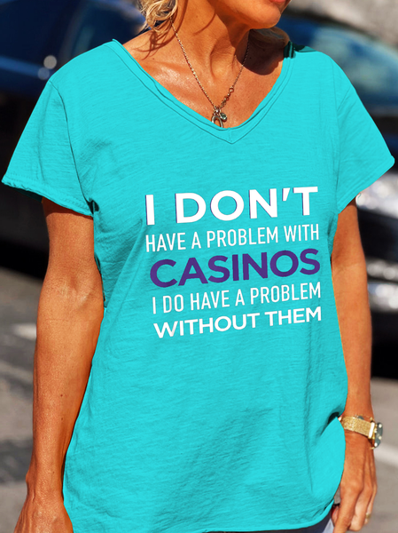Funny Gambling V-neck Short Sleeve T-Shirt, Cyan, T-shirts