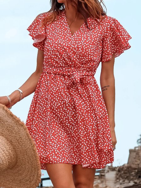 Floral Printed Casual V Neck Short Sleeve Woven Dress, Red, Dresses