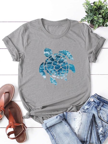 Sea Turtle Funny Print Casual Short Sleeve T-Shirt, Gray, T-shirts