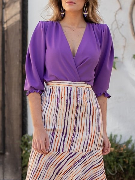 V Neck Frill Sleeve Short Sleeve Top, Purple, Tops