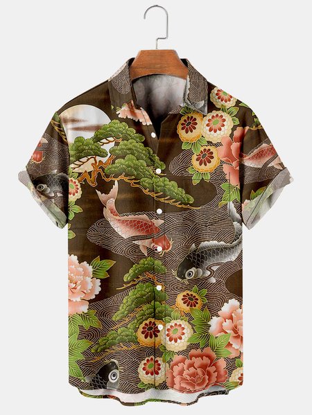 Men's Retro Casual Breathable Short Sleeve Hawaiian Shirt with Chest Pocket, Tan, Men's Floral shirt