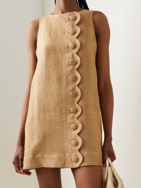 Crew Neck Buttoned Sleeveless Plaid Dress, Khaki, Mini Dresses