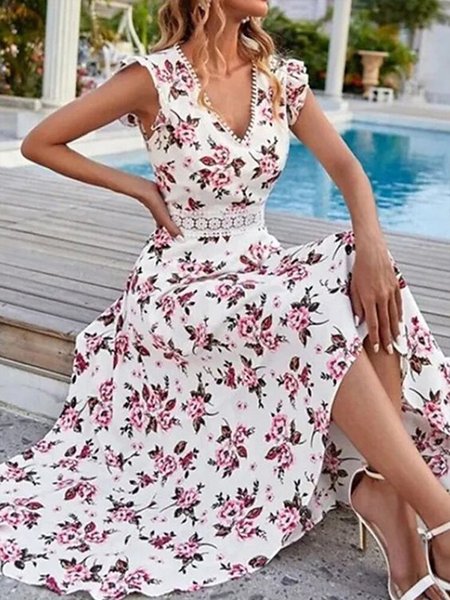 Romantic Regular Fit V Neck Sleeveless Woven Midi Dress, White, Midi Dresses