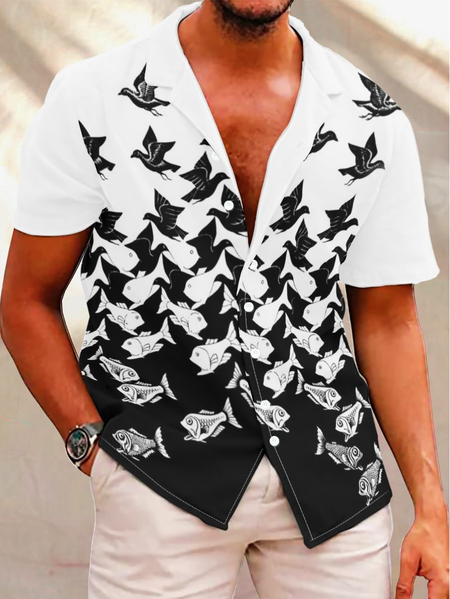 Men's Casual Abstract Fish Bird Fun Print Short Sleeve Cuban Collar Shirt, Black-white, Short Sleeves Shirts
Men's Casual Abstract Fish Bird Fun Print Short Sleeve Cuban Collar Shirt, Black-white, Short Sleeves Shirts