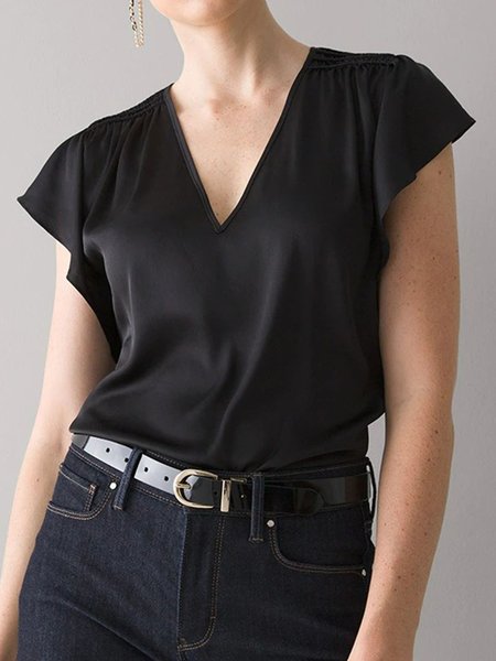V Neck Elegant Short Sleeve Tops, Black, Tops