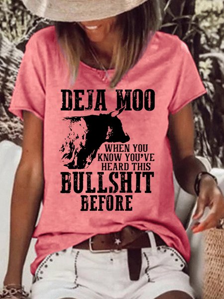 Women's Funny Deja Moo Crew Neck Short Sleeve T-Shirt, Red, T-shirts