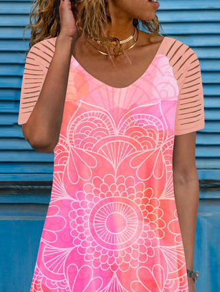 Cotton Blends Casual V Neck Short Sleeve Knit Dress, Pink, Dresses