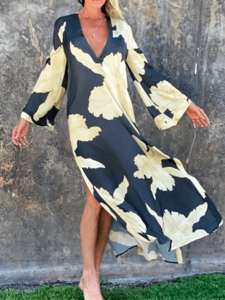 Summer Lightweight Floral V Neck Loosen Long Sleeve Woven Dress, Black, Maxi Dresses
Summer Lightweight Floral V Neck Loosen Long Sleeve Woven Dress, Black, Maxi Dresses
