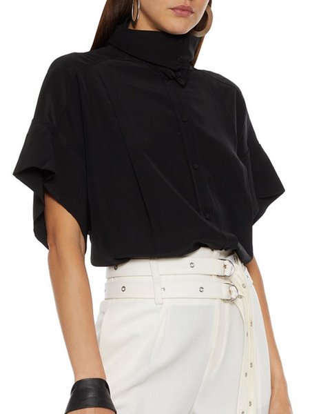 High Neck Simple Short Sleeve Top, Black, Tops