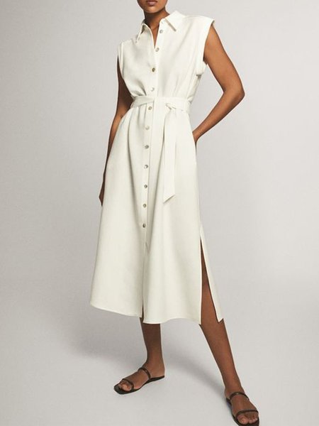 Simple Loosen Shirt Collar Sleeveless Woven Dress, White, Midi Dresses