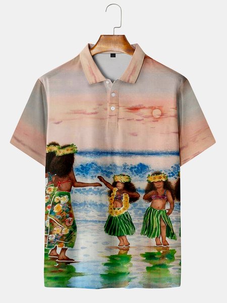 Holiday Style Hawaiian Series Hula Beauty Element Lapel Short-Sleeved Polo Print Top, Pink, Men's t-shirts