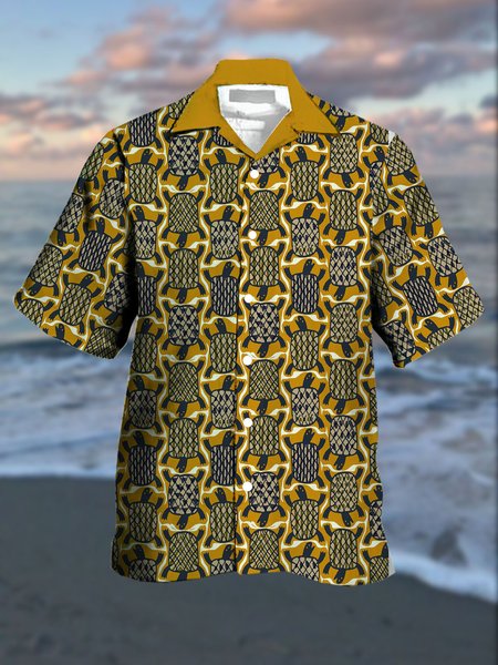 Men's Ocean Turtle Print Casual Breathable Hawaiian Short Sleeve Shirt, Tan, Men's Floral shirt