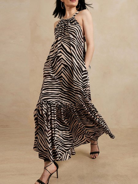 Vacation Oversize Zebra Sleeveless Woven Dress, Zebra-stripe, Maxi Dresses
